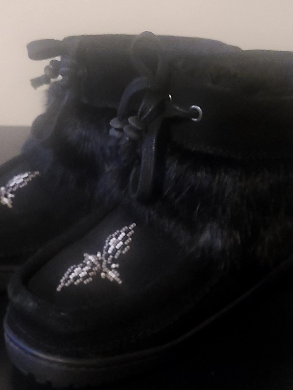 Women's Black Fur-Trim Moccasin with Crystal Embellishment